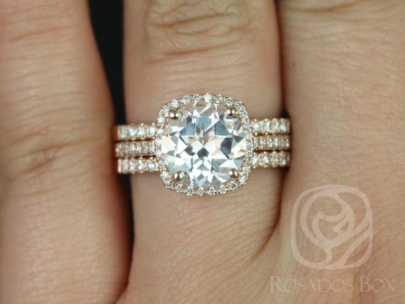 Rosados Box Ready to Ship Barra 9mm 14kt YELLOW Gold Round White Topaz Cushion Diamond Halo TRIO Wedding Set Rings