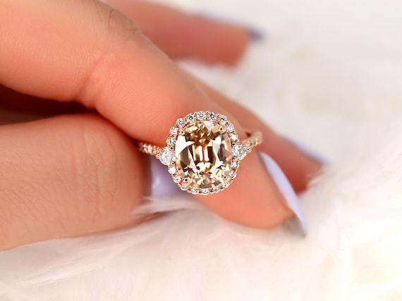 6.53cts Ready to Ship Bridgette 14kt Rose Gold Cognac Champagne Zircon Diamonds Three Stone Oval Halo Ring,Unique Oval Ring, Trilogy Ring