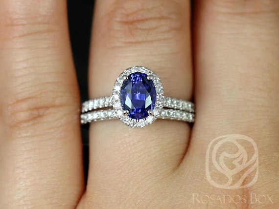 Ready to Ship Elizabeth 8x6mm 14kt White Gold Oval Blue Sapphire Diamond Halo Bridal Set