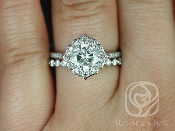 1.70ct Rori 7mm & Pte Naomi 14kt WITHOUT Milgrain Moissanite Diamond Unique Halo Bridal Set,Kite Halo Ring,Art Deco Wedding Ring,Anniversary