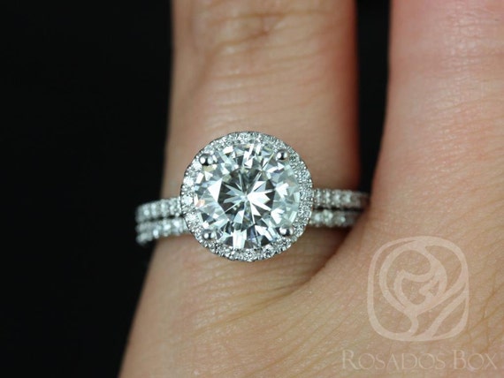 2ct Round Moissanite Diamonds Dainty Micro Pave Halo Bridal Set,14kt White Gold,Kubian 8mm