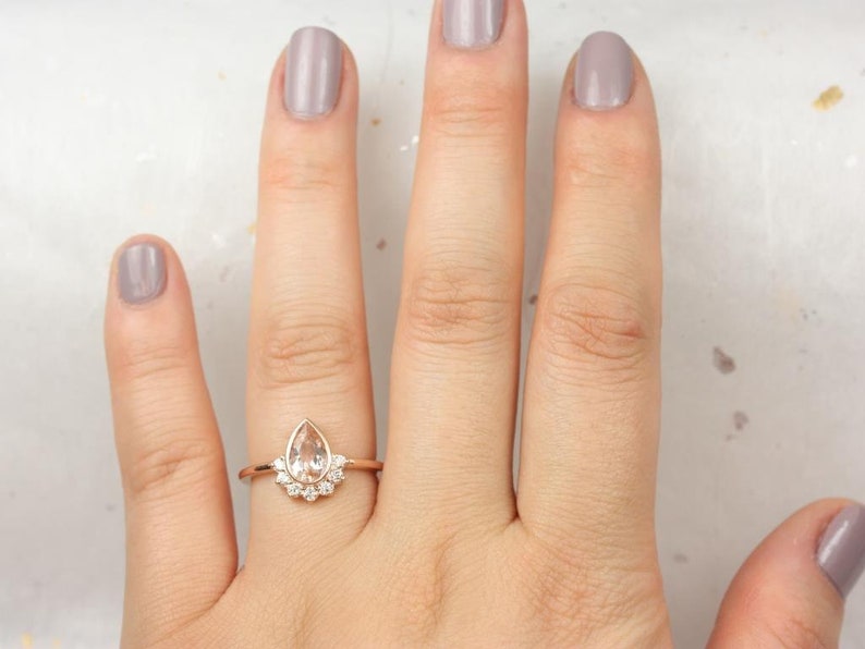 Oana 8x5mm 14kt Gold Morganite Diamonds Bezel Crescent Sunrays Half Pear Halo Unique Engagement Ring image 5