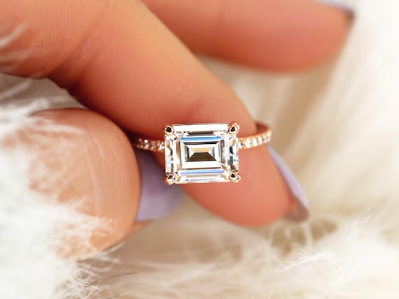 3.90ct Becca 10x8mm 14kt Moissanite Diamond East West Set Emerald Solitaire Ring,Sideway Set Emerald Cut Ring,Unique Wedding Ring