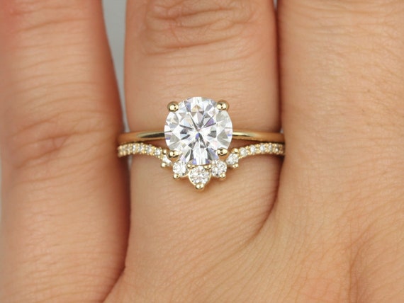 1.50ct Skinny Alberta 7.5mm & Aldis 14kt Moissanite Diamond Round Solitaire Bridal Set,Round Engagement Ring,Unique Ring,Anniversary Gift