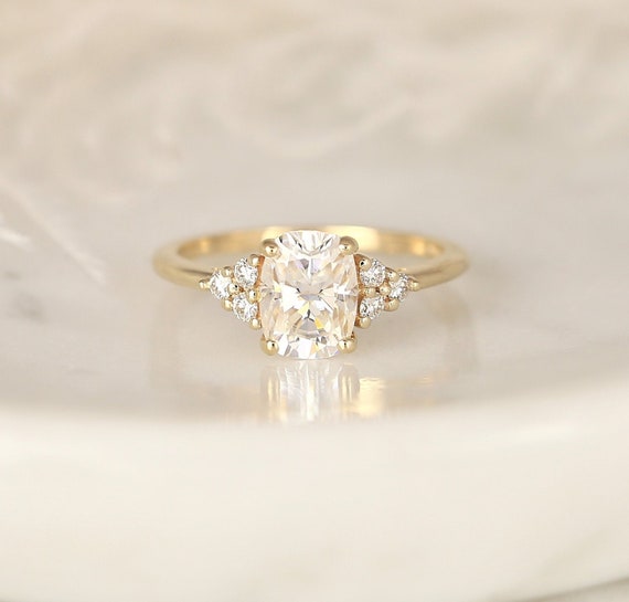 1.50ct Cambria 8x6mm 14kt Gold Moissanite Diamonds Dainty Art Deco Elongated Cushion Cluster 3 Stone Engagement Ring