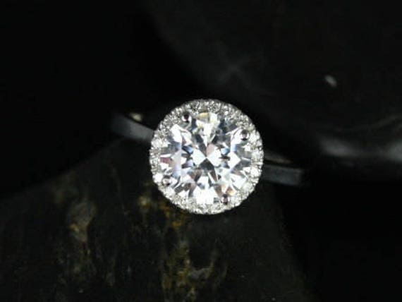 SALE Rosados Box Ready to Ship Monique 8mm Platinum Round FB Moissanite and Diamonds Halo Engagement Ring