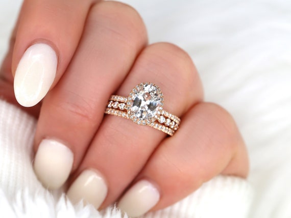 2.36ct Ready to Ship Federella & Petite Naomi 14kt Rose Gold Peach Sapphire Diamond Oval Halo TRIO Bridal Set,Unique Oval Ring,Wedding Rings