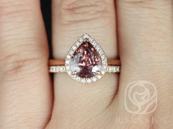 3.56ct Ready to Ship Karma & Pernella 14kt Rose Gold Chubby Pear Raspberry Wine Zircon Art Deco Unique Halo Bridal Set