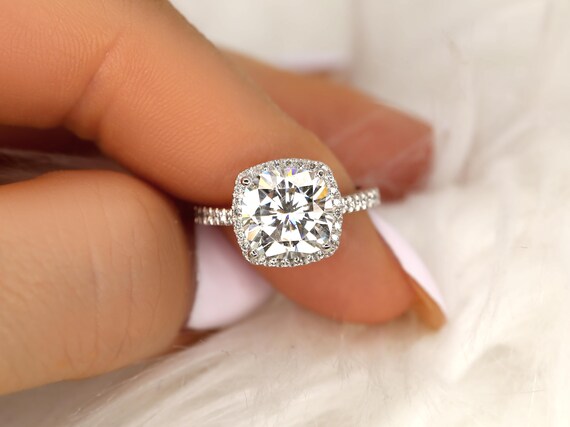 3.30ct Randi 9mm 14kt FB Moissanite Halo Engagement Ring,Cushion Halo Ring,Moissanite Wedding Ring,Cushion Cut Ring,Pave Diamond Ring