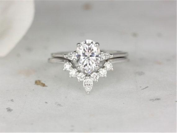 1.50ct Petite Emery 8x6mm & Marjorie 14kt Gold Moissanite Diamond Three Stone Bridal Set,Oval Bridal Set,Anniversary Gift,Unique Ring