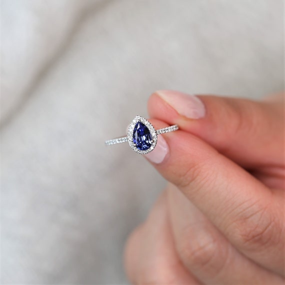 Ready to Ship Tabitha 8x5mm 14kt White Gold Blue Sapphire Diamonds Dainty Pave Pear Halo Engagement Ring