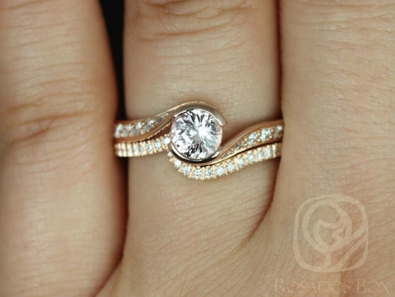 0.91ct Ready to Ship Odala 14kt Rose Gold Peach Champagne Sapphire Diamonds Pave Twisted Bypass Round Wedding Set Rings,Rosados Box