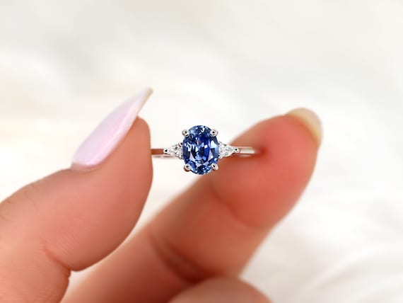 1.55ct Ready to Ship Petite Emery 14kt Cornflower Lavender Sapphire Diamond Oval Three Stone Ring,Trilogy Ring,Oval Sapphire Ring,September