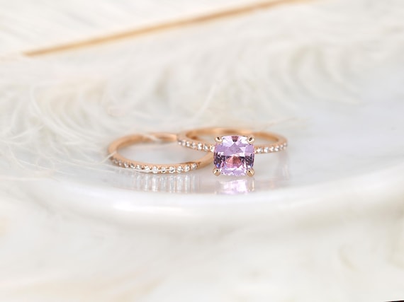 2.10ct Heidi 14kt Rose Gold Dusky Rose Spinel Diamond Cushion Bridal Set,Unique Wedding Ring Set,Purple Engagement Ring,Anniversary Ring