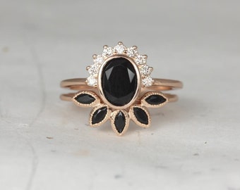Oksana 8x6mm & Petunia 14kt Rose Gold Black Onyx Diamonds Oval Bezel Crescent Sunrays Half Halo Unique Bridal Set