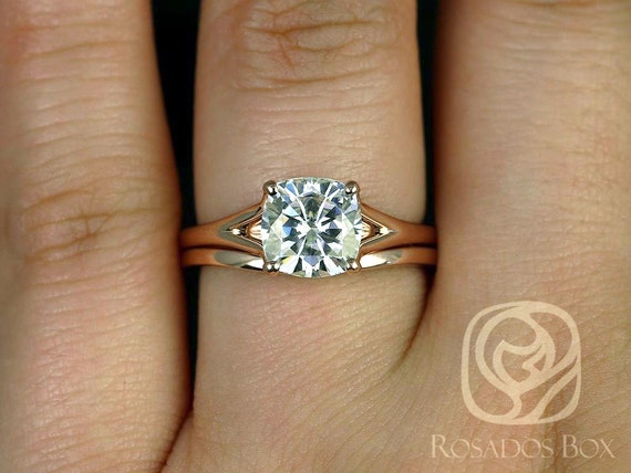 Rosados Box Ready to Ship Khaleesi 7.5mm 14kt WHITE Gold Cushion Moissanite Split Cathedral Wedding Set Rings