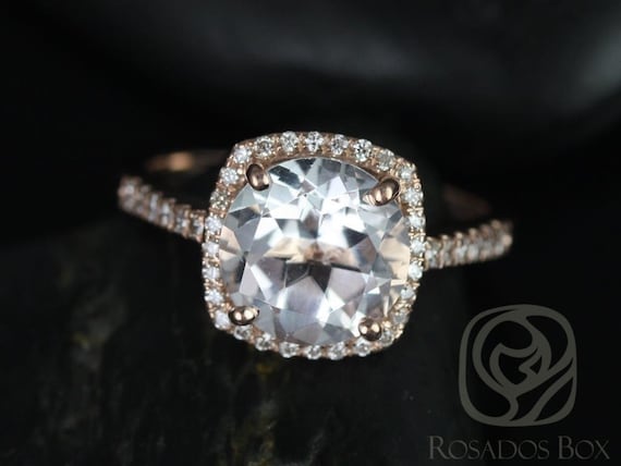 Ready to Ship Barra 9mm 14kt Rose Gold  Round White Topaz and Diamonds Cushion Halo Engagement Ring