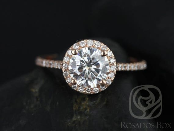 SALE Rosados Box Ready to Ship Kubian 7mm 14kt Rose Gold Round FB Moissanite Diamonds Dainty Pave Halo Engagement Ring