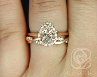 8x6mm Pear Morganite Diamonds Twisted Micro Pave Halo Bridal Set,14kt Rose Gold,Julie 8x6mm & Dusty