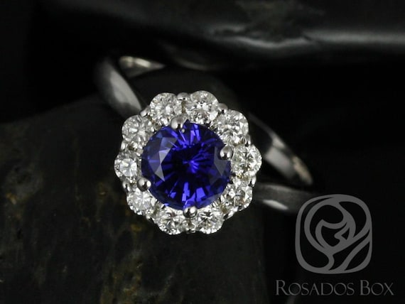 Ready to Ship Blossom 6.5mm 14kt White Gold Round Blue Sapphire Diamonds Flower Halo Engagement Ring