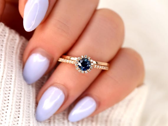 0.63ct Ready to Ship Amanda & Plain Barra 14k Rose Gold Blue Sapphire Round Halo Bridal Set,Sapphire Wedding Ring Set, Anniversary Gift