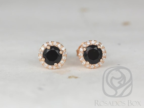 Ready to Ship Gemma 5mm 14kt Rose Gold Round Black Onyx and Diamonds Halo Stud Earrings