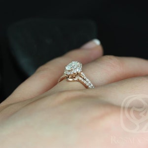 0.50ct Oval Moissanite Diamonds 3 Stone Unique Halo Bridal Set,14kt Solid Rose Gold,Bridgette 6x4mm image 3