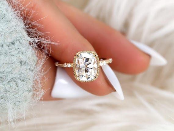 3ct Laverna 10x8mm 14kt Moissanite Solitaire Ring,Cushion Engagement Ring,Unique Cushion Wedding Ring,Antique Button Back