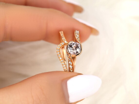 0.91ct Odala 14kt Rose Gold Peach Champagne Sapphire Diamond Bypass Round Bridal Set,Pink Sapphire Twisted Wedding Set Ring,Anniversary Ring