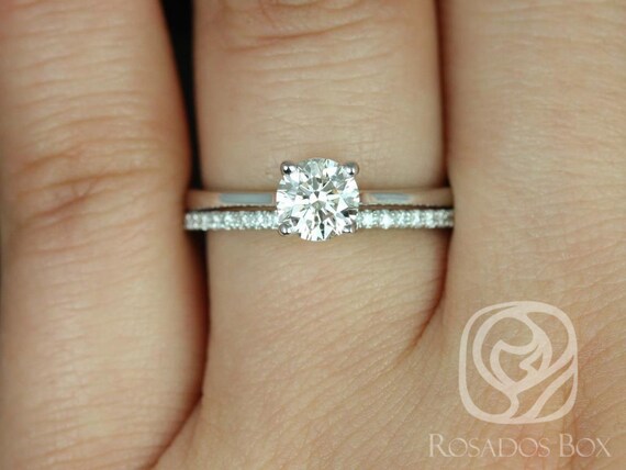 0.70ct Ready to Ship Skinny Flora & Romani 14kt White Gold Diamonds Dainty Round Solitaire Classic Bridal Set