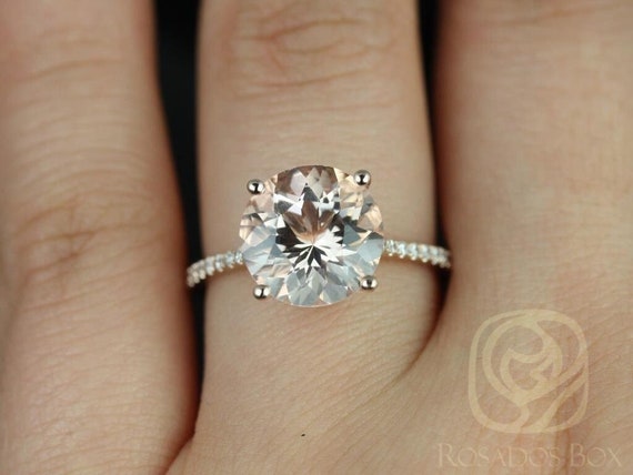 Eloise 10mm 14kt Rose Gold Morganite Diamonds Pave Dainty Cathedral Round Solitaire Engagement Ring