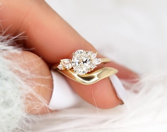 1ct Wisteria & Mabel 14kt Gold Diamond Cluster Bridal Set,Art Deco Floral Engagement Ring Set,Unique Oval Cut Wedding Ring,Anniversary Ring