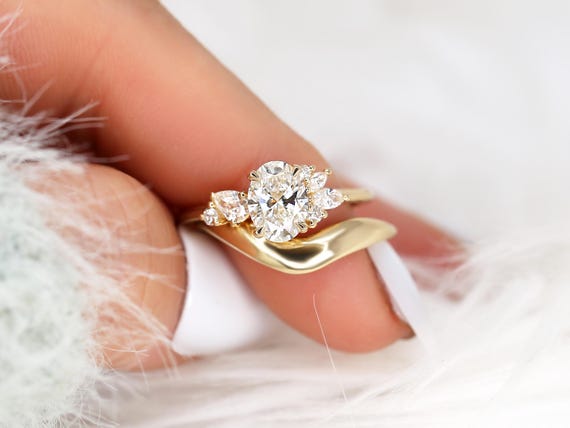 1ct Wisteria & Mabel 14kt Gold Diamond Cluster Bridal Set,Art Deco Floral Engagement Ring Set,Unique Oval Cut Wedding Ring,Anniversary Ring