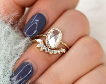 1.50ct Paris Bold 11x7mm & Deep Trix 14kt Oval Moissanite Rose Cut Solitaire Bridal Set,Oval Ring,Bezel Set Minimalist Ring,Unique Ring Set