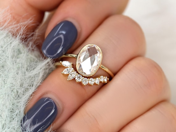1.50ct Paris Bold 11x7mm & Deep Trix 14kt Oval Moissanite Rose Cut Solitaire Bridal Set,Oval Ring,Bezel Set Minimalist Ring,Unique Ring Set