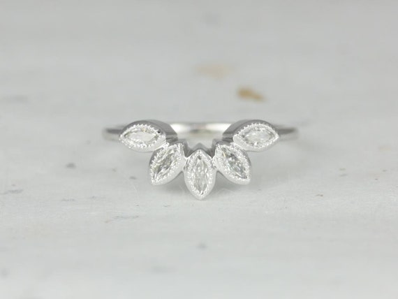 DIAMOND FREE Petunia 14kt Gold Marquise Forever One Moissanite Leaves WITH Milgrain Tiara Ring,Art Deco Nesting Ring,Unique Wedding Ring