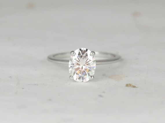 Ready to Ship Skinny Rhonda 9x7mm 14kt White Gold Oval Moissanite Thin Cathedral Solitaire Engagement Ring