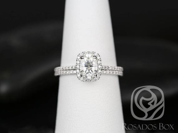 Rosados Box Ready to Ship Romani 7x5mm 14kt White Gold Forever One GH Moissanite and Diamond Cushion Halo Wedding Set