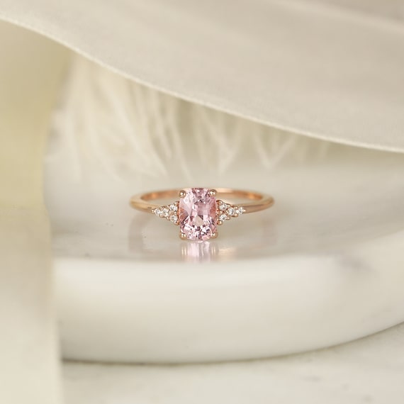 1.35ct Ready to Ship Marlow 14kt Rose Gold Blush Peach Sapphire Diamond Dainty Elongated Cushion Cluster 3 Stone Ring