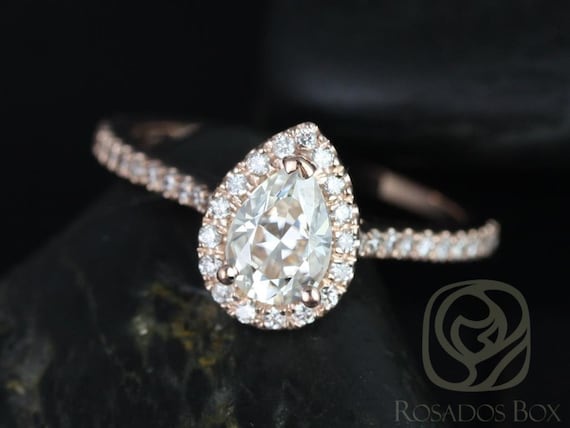 0.75cts Tabitha 7x5mm 14kt Rose Gold Moissanite Diamonds Dainty Pave Pear Halo Engagement Ring