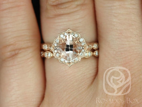 Rosados Box Ready to Ship Lucille 7mm & Christie 14kt Rose Gold Cushion Morganite and Diamond Kite Set Rings Halo Wedding Set Rings