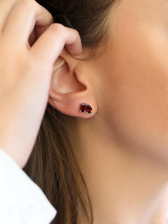 Gemini 14kt Garnet Toi Et Moi Earrings,Cluster Earrings,January Birthstone Jewelry,Gift For Her,Unique Stud Earrings,Garnet Studs,Birthday