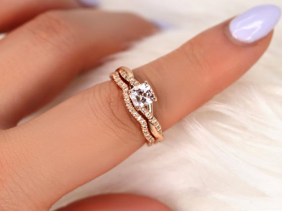 1.02ct Tressa 14kt Rose Gold Peach Sapphire Diamond Cushion Crossover Bridal Set,Peach Sapphire Ring,Sapphire Engagement Ring,Anniversary