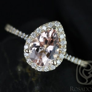 Tabitha 8x6mm 14kt Gold Morganite Diamond Art Deco Pave Pear Halo Ring,Morganite Pear Engagement Ring,Halo Morganite Ring