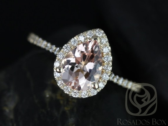 Tabitha 8x6mm 14kt Gold Morganite Diamond Art Deco Pave Pear Halo Ring,Morganite Pear Engagement Ring,Halo Morganite Ring