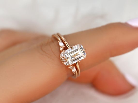 1.75cts Ruth 8x6mm & Azalea 14kt Moissanite Emerald Cut Solitaire Bridal Set,Minimalist Emerald Wedding Set,Unique Emerald Engagement Ring