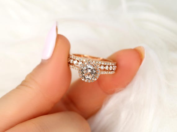 1.33ct Kubian 14kt Rose Gold Butter Peach Sapphire Diamond Round Halo TRIO Bridal Set,Halo Wedding Ring Set,Anniversary Ring,Round Cut Ring