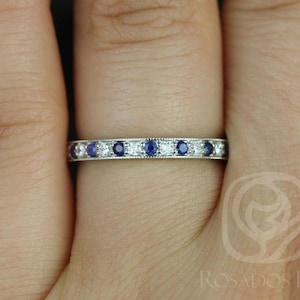 Grace 14kt Gold Milgrain Blue Sapphire Diamond HALFWAY Eternity Ring,Anniversary Gift,Push Present,September Birthstone,Sapphire Ring