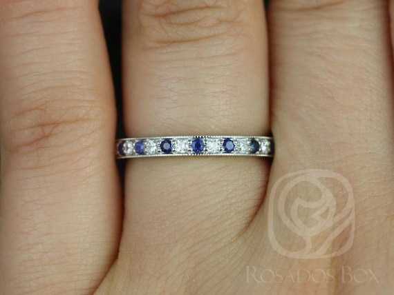Grace 14kt Gold Milgrain Blue Sapphire Diamond HALFWAY Eternity Ring,Anniversary Gift,Push Present,September Birthstone,Sapphire Ring