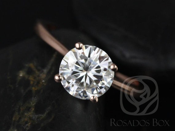 Ready to Ship Skinny Flora 8mm 14kt Rose Gold Moissanite Minimalist Dainty Tapered Cathedral Round Solitaire Engagement Ring